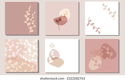 Random spots of delicate pastel beige and pale brown. A set square backgrounds with eucalyptus branches. Modern illustrations with abstract shapes in trendy beige tones. 