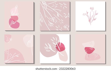 Random spots of delicate pastel beige, pink and pale grey. A set square backgrounds with stems and twigs of field plants. Modern illustrations with abstract shapes in trendy beige tones. 