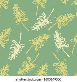 Random spring yellow and white contoured branches seamless pattern. Light soft green background. Great for wallpaper, textile, wrapping paper, fabric print. Vector illustration.