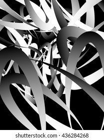 Random squiggly, curvy lines, abstract monochrome illustration. Overlapping tangled shapes. Black and white monochrome artistic vector image.