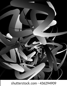 Random squiggly, curvy lines, abstract monochrome illustration. Overlapping tangled shapes. Black and white monochrome artistic vector image.
