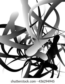Random squiggly, curvy lines, abstract monochrome illustration. Overlapping tangled shapes. Black and white monochrome artistic vector image.