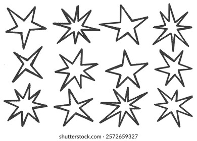 Random star shapes. Abstract hand drawn crayon irregular black elements. Cartoon outline burst. Vector paper cut spiky geometric figures.