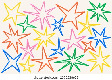 Random star shapes. Abstract hand drawn crayon irregular elements. Cartoon outline burst. Vector paper cut spiky geometric figures.