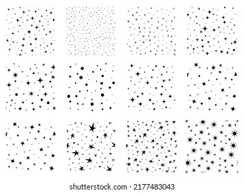 Random stars seamless patterns set. Starry sky vector wallpaper. Milky Way, intergalactic space.