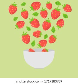 random strawberries falling into a white bowl