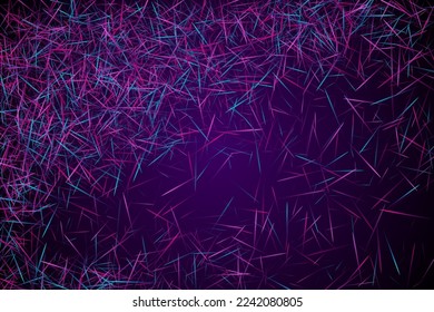 Random strokes and scribbles. Urban texture. Molecular particles chaotic movement. Brownian motion abstract dispersion concept vector digital background. Purple lines ray elements.