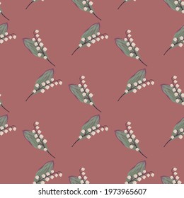 Random style floral seamless pattern with may lily of the valley flowers print. Pink pale background. Graphic design for wrapping paper and fabric textures. Vector Illustration.