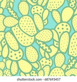 Random succulents in green outline and pastel yellow plane on light blue background. Hand drawn style. Seamless pattern vector illustration.