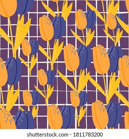 Random summer bright tulip seamless pattern. Yellow and indigo colored flowers on purple chequered background. Perfect for wallpaper, textile, wrapping paper, fabric print. Vector illustration.