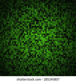 Random symbols blocks encoded data screen. Green vector background