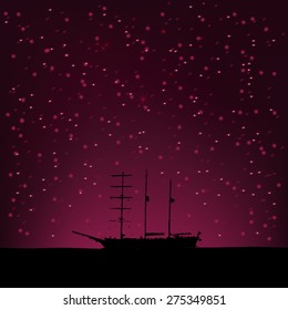 Random texture glowing sky. Silhouette of a ship. Color Marsala. Vector background.