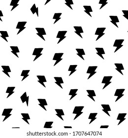Random thunder backdrop seamless pattern on white background. Black lightning bolts. Thunderbolt wallpaper. Design for book covers, design, graphic art, wrapping paper, cover. Vector illustration