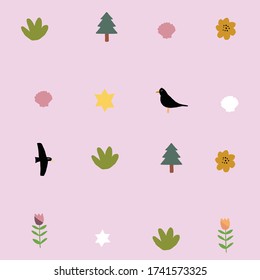 Random tiny objects with pink background. Elements are birds, trees, bush, sun, stars, and shells.