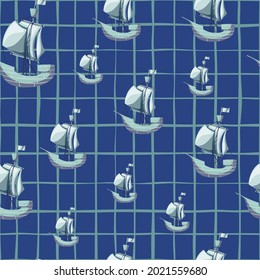 Random travel seamless pattern with doodle sailboat ship shapes. Navy blue chequered background. Designed for fabric design, textile print, wrapping, cover. Vector illustration.