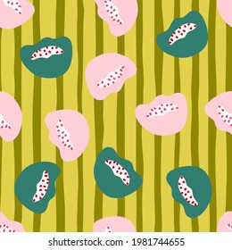 Random turquoise and pink random abstract poppy flowers print. Green striped background. Nature print. Decorative backdrop for fabric design, textile print, wrapping, cover. Vector illustration.
