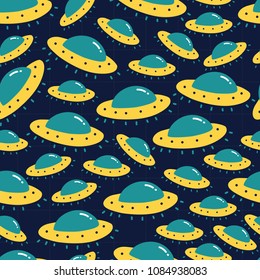 Random ufo pattern outer space. A playful, modern, and flexible pattern for brand who has cute and fun style. Repeated pattern. Happy, bright, and magical mood.