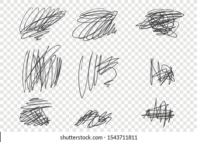 Random undigested scribbles vector illustrations set. Messy ink pen, black pencil strokes pack. Various thin line doodle drawings isolated on transparent backdrop. Childish scrawls collection