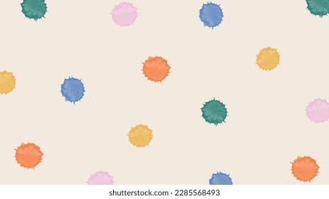 Random watercolor blots on beige background. Colorful polka dot Illustration. Cute playful childish backdrop. Brush splashes pattern. Festive happy vector illustration.