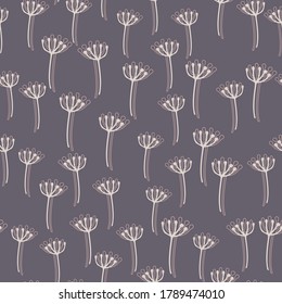 Random white contoured little dandelion seamless pattern. Pastel purple background. Stylized backdrop. Great for wrapping paper, textile, fabric print and wallpaper. Vector illustration.
