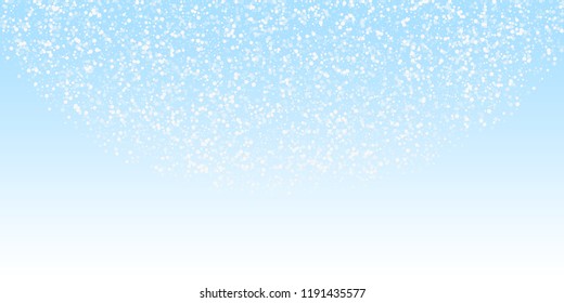 Random white dots Christmas background. Subtle flying snow flakes and stars on winter sky background. Beautiful winter silver snowflake overlay template. Mesmeric vector illustration.