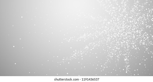 Random white dots Christmas background. Subtle flying snow flakes and stars on light grey background. Artistic winter silver snowflake overlay template. Great vector illustration.