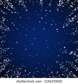 Random white dots Christmas background. Subtle flying snow flakes and stars on dark blue night background. Amazing winter silver snowflake overlay template. Memorable vector illustration.