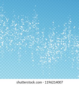 Random white dots Christmas background. Subtle flying snow flakes and stars on blue transparent background. Bizarre winter silver snowflake overlay template. Posh vector illustration.