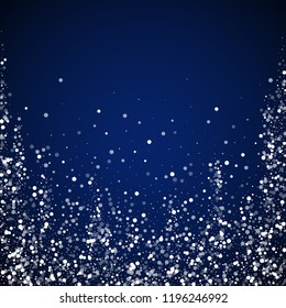 Random white dots Christmas background. Subtle flying snow flakes and stars on dark blue night background. Admirable winter silver snowflake overlay template. Rare vector illustration.