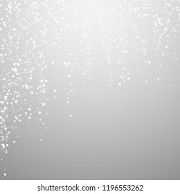 Random white dots Christmas background. Subtle flying snow flakes and stars on light grey background. Adorable winter silver snowflake overlay template. Popular vector illustration.
