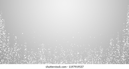 Random white dots Christmas background. Subtle flying snow flakes and stars on light grey background. Authentic winter silver snowflake overlay template. Classy vector illustration.