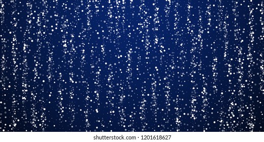 Random white dots Christmas background. Subtle flying snow flakes and stars on dark blue night background. Awesome winter silver snowflake overlay template. Elegant vector illustration.