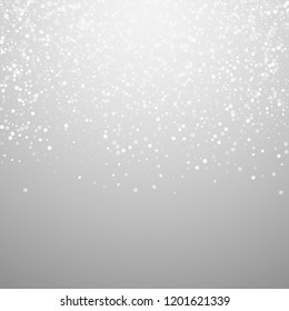 Random white dots Christmas background. Subtle flying snow flakes and stars on light grey background. Alive winter silver snowflake overlay template. Pleasant vector illustration.