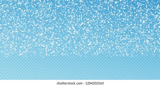 Random white dots Christmas background. Subtle flying snow flakes and stars on transparent blue background. Adorable winter silver snowflake overlay template. Bold vector illustration.