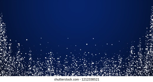 Random white dots Christmas background. Subtle flying snow flakes and stars on dark blue night background. Authentic winter silver snowflake overlay template. Classic vector illustration.