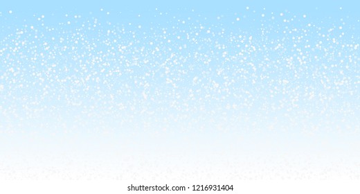 Random white dots Christmas background. Subtle flying snow flakes and stars on night sky background. Adorable winter silver snowflake overlay template. Resplendent vector illustration.