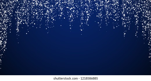 Random white dots Christmas background. Subtle flying snow flakes and stars on dark blue night background. Attractive winter silver snowflake overlay template. Fresh vector illustration.