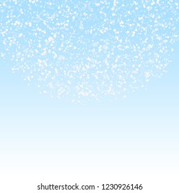 Random white dots Christmas background. Subtle flying snow flakes and stars on winter sky background. Amazing winter silver snowflake overlay template. Eminent vector illustration.