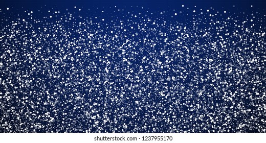 Random white dots Christmas background. Subtle flying snow flakes and stars on dark blue night background. Beautiful winter silver snowflake overlay template. Dazzling vector illustration.