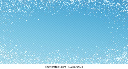 Random white dots Christmas background. Subtle flying snow flakes and stars on transparent blue background. Alive winter silver snowflake overlay template. Posh vector illustration.