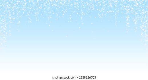 Random white dots Christmas background. Subtle flying snow flakes and stars on winter sky background. Attractive winter silver snowflake overlay template. Uncommon vector illustration.