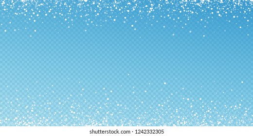Random white dots Christmas background. Subtle flying snow flakes and stars on blue transparent background. Amusing winter silver snowflake overlay template. Symmetrical vector illustration.