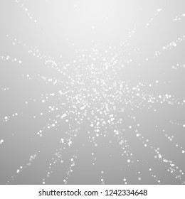 Random white dots Christmas background. Subtle flying snow flakes and stars on light grey background. Admirable winter silver snowflake overlay template. Bewitching vector illustration.