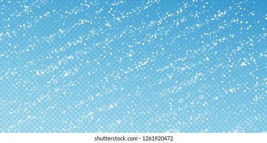 Random white dots Christmas background. Subtle flying snow flakes and stars on transparent blue background. Admirable winter silver snowflake overlay template. Fetching vector illustration.