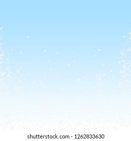 Random white dots Christmas background. Subtle flying snow flakes and stars on winter sky background. Authentic winter silver snowflake overlay template. Terrific vector illustration.