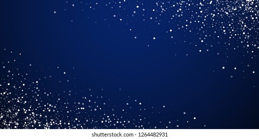Random white dots Christmas background. Subtle flying snow flakes and stars on dark blue night background. Appealing winter silver snowflake overlay template. Perfect vector illustration.