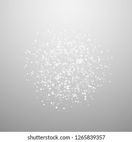 Random white dots Christmas background. Subtle flying snow flakes and stars on light grey background. Beauteous winter silver snowflake overlay template. Impressive vector illustration.