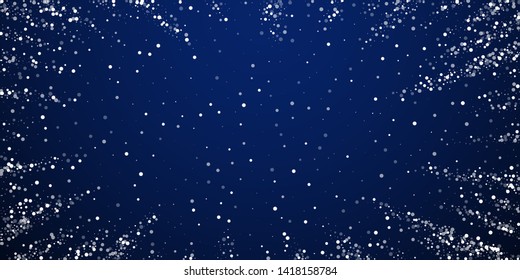 Random white dots Christmas background. Subtle flying snow flakes and stars on dark blue night background. Beautiful winter silver snowflake overlay template. Sublime vector illustration.