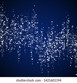 Random white dots Christmas background. Subtle flying snow flakes and stars on dark blue night background. Bizarre winter silver snowflake overlay template. Positive vector illustration.