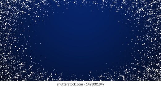 Random white dots Christmas background. Subtle flying snow flakes and stars on dark blue night background. Bewitching winter silver snowflake overlay template. Superb vector illustration.